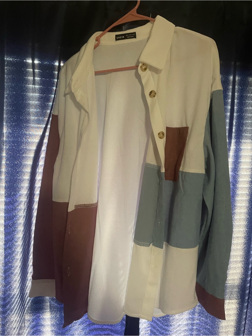 Shein Colorblock Long Sleeve Shirt Jacket - White, Dusty Blue & Dark Pink